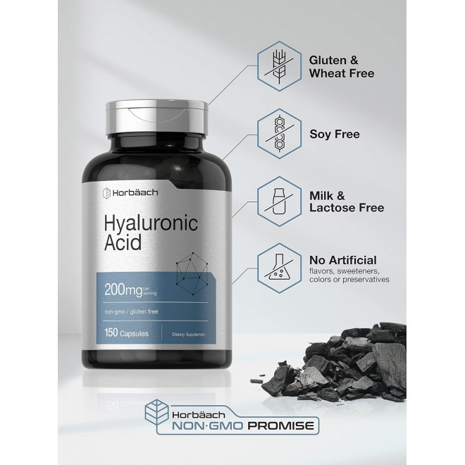 Horbäach Hyaluronic Acid Supplement | 200 mg | 150 Capsules | Non-GMO and Gluten Free Supplement