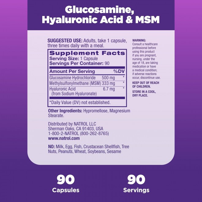 Natrol Vegetarian Hyaluronic Acid MSM and Glucosamine, 90 Capsules (Pack of 2)