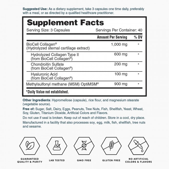 Nature's Lab Hyaluronic Acid with Biocell Collagen and MSM - Skin Hydration, Joint Health - 120 Capsules (40 Day Supply)