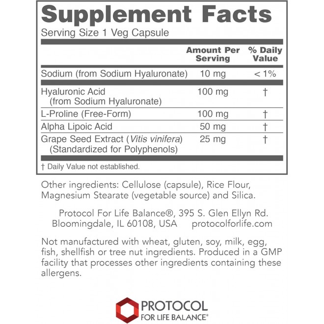 Protocol Hyaluronic Acid - 100mg Hyaluronic Acid - Skin & Joint Support* - Eye Support Supplement* - Joint Support Supplement* - Non-GMO & Kosher - 60 Veg Caps