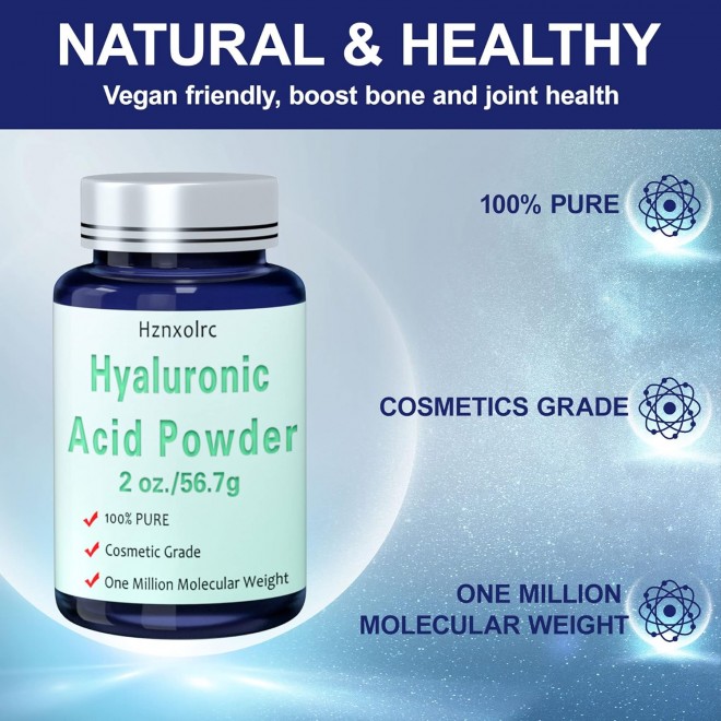 2 oz Hyaluronic Acid Powder, 56.7 Grams, High Molecular Weight, 100% Pure, Premium Hyaluronic Acid Powder for Skin Care, Vegan, Water Soluble