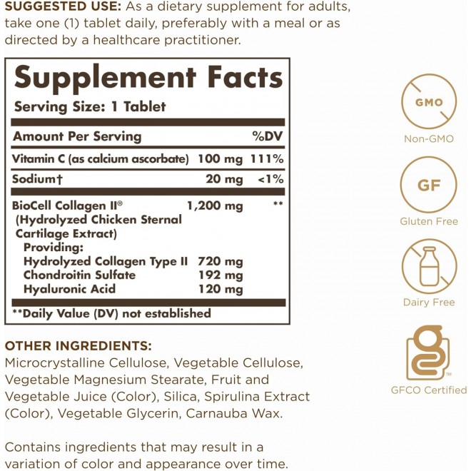 SOLGAR Collagen Hyaluronic Acid Complex - 30 Tablets, Pack of 2 - Non-GMO, Gluten Free, Dairy Free - 60 Total Servings