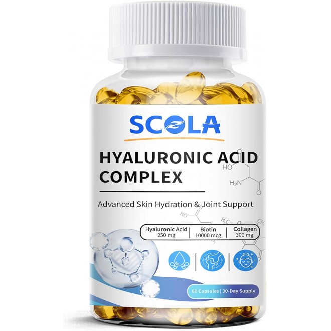 Hyaluronic Acid Supplements - Advanced Skin Hydration & Joint Support with 250 mg Hyaluronic Acid, Vitamin C, Collagen, and 10000 mcg Biotin - Anti-Aging, Skin, Supplement - 60 Vegan Capsules