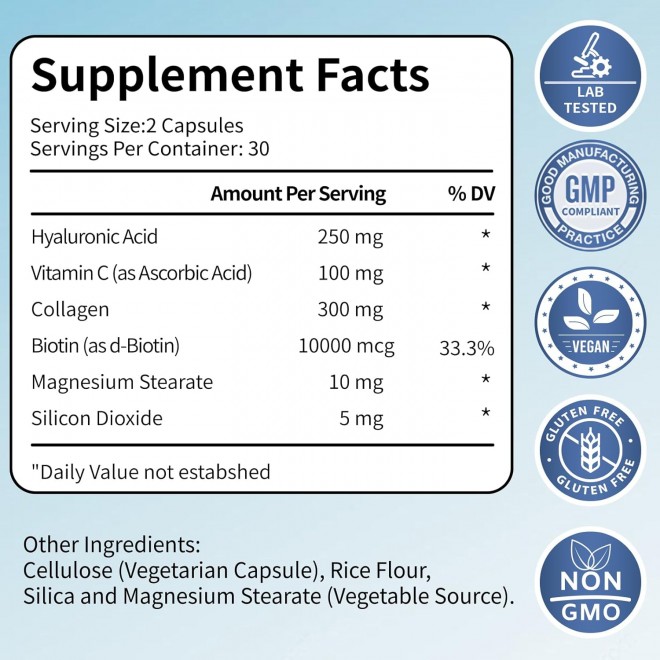 Hyaluronic Acid Supplements - Advanced Skin Hydration & Joint Support with 250 mg Hyaluronic Acid, Vitamin C, Collagen, and 10000 mcg Biotin - Anti-Aging, Skin, Supplement - 60 Vegan Capsules