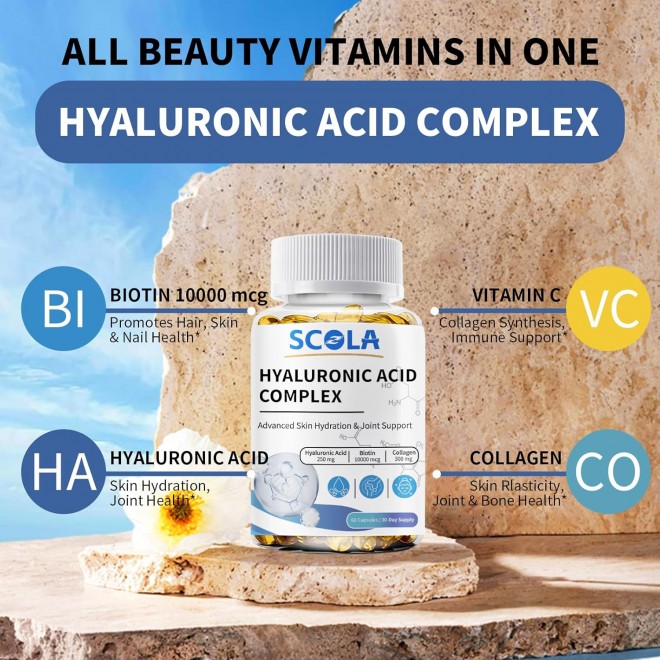 Hyaluronic Acid Supplements - Advanced Skin Hydration & Joint Support with 250 mg Hyaluronic Acid, Vitamin C, Collagen, and 10000 mcg Biotin - Anti-Aging, Skin, Supplement - 60 Vegan Capsules