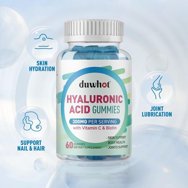 Hyaluronic Acid Gummies, Hyaluronic Acid Supplements for Glowing Skin, Joints & Eyes, Hyaluronic Acid with Vitamin C & Biotin 5000mcg for Collagen Production, 60 Chews