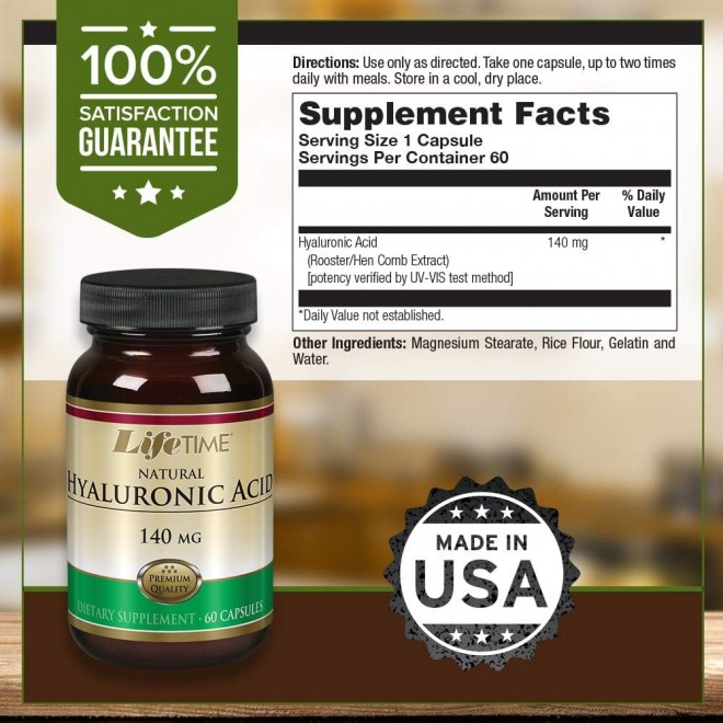 Lifetime Natural Hyaluronic Acid | Supports Healthy Skin & Joints | Skin Hydration, Joint Lubrication| Made in Our own Facility | 140mg | 60 Capsules