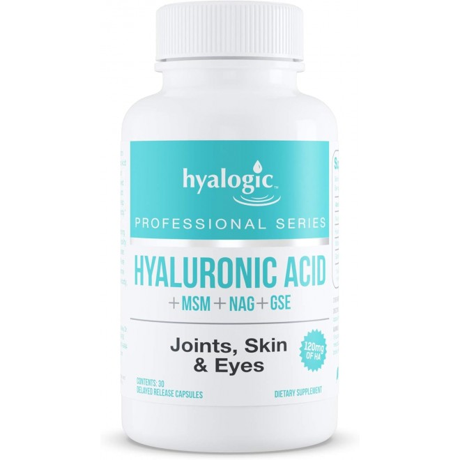 Hyalogic Hyaluronic Acid Delayed Release Capsules | Combo Formula w/Glucosamine MSM | Support Healthy Joints, Eyes and Skin and Overall Body | Promote Healthy Skin | 120 mg | Non-GMO (30 Count)