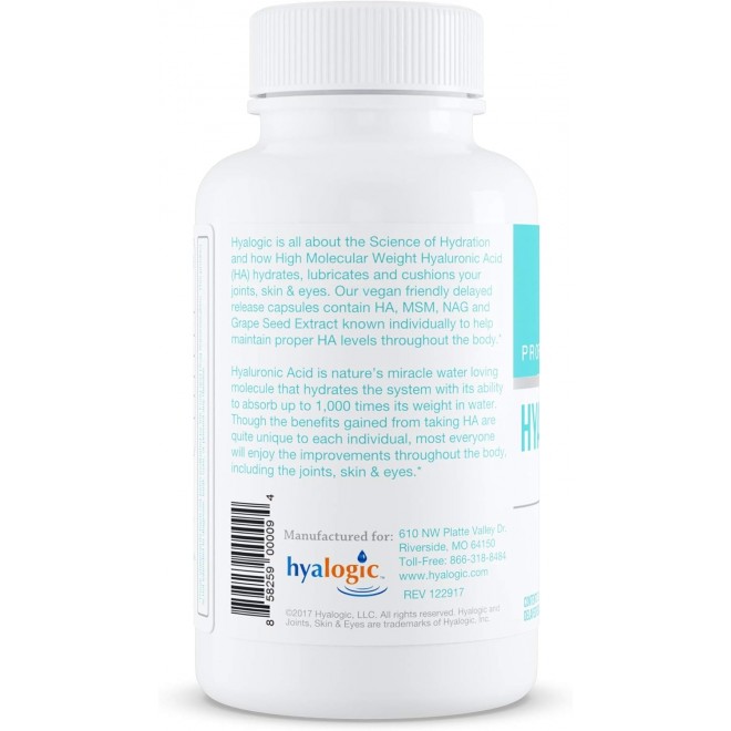 Hyalogic Hyaluronic Acid Delayed Release Capsules | Combo Formula w/Glucosamine MSM | Support Healthy Joints, Eyes and Skin and Overall Body | Promote Healthy Skin | 120 mg | Non-GMO (30 Count)