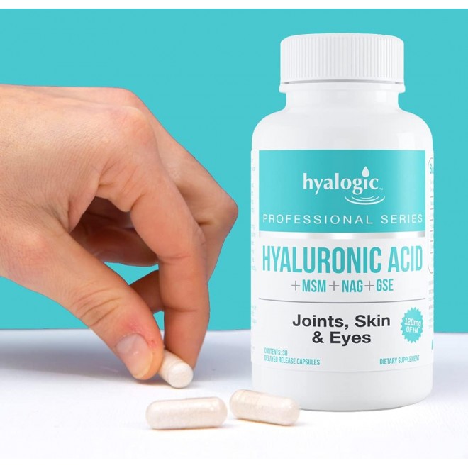 Hyalogic Hyaluronic Acid Delayed Release Capsules | Combo Formula w/Glucosamine MSM | Support Healthy Joints, Eyes and Skin and Overall Body | Promote Healthy Skin | 120 mg | Non-GMO (30 Count)