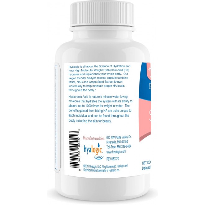 Hyalogic 120 Mg Hyaluronic Acid Delayed-Release Capsules – Skin Supplement w/Glucosamine MSM – Body Health Food Supplement w/Grape Seed Extract – Vegan & Non-GMO Dietary Supplements (30 Count)