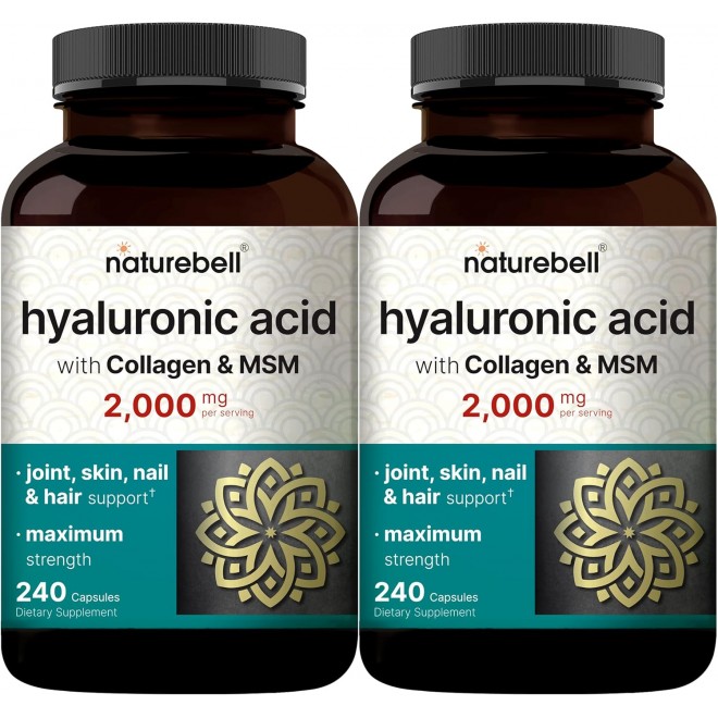 NatureBell 2 Pack Hyaluronic Acid Supplements 2,000 mg | 480 Total Capsules, with MSM & Hydrolyzed Bovine Collagen – 3 in 1 Support for Skin Hydration, Joint Lubrication, Hair, and Eye Health