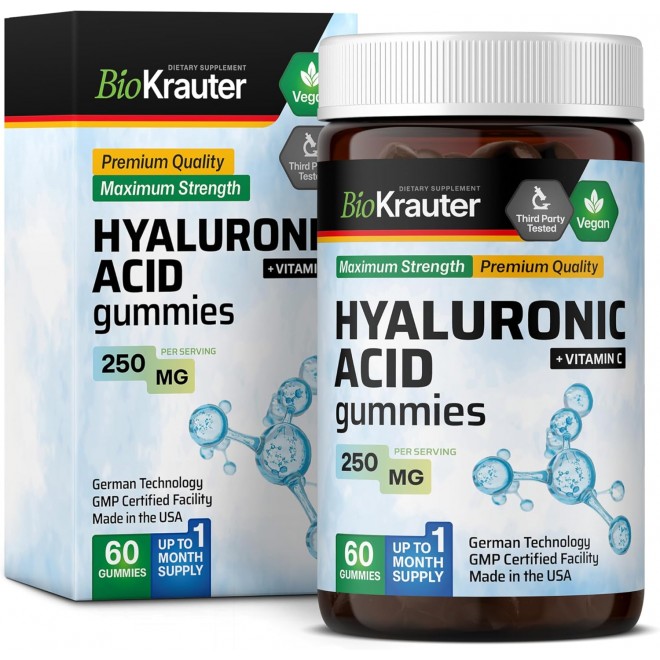 Hyaluronic Acid Gummies w/Vitamin C - 250 mg - Hyaluronic Acid Supplements for Joint Health - 60 Vegan Chews