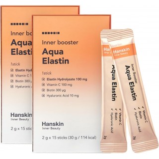 Hanskin Aqua Elastin Hyaluronic Acid Powder Packets for Hair, Skin, Wrinkles & Nails | Biotin, Vitamin C, Hyaluronic Acid | Nutritional Supplement for Healthy Skin & Joints, 2g x 30 Individual Sticks