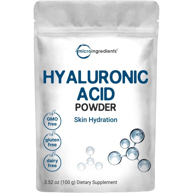 Micro Ingredients Hyaluronic Acid Serum Powder, 100 Grams | Low Molecular Weight, Cosmetics Grade | Skin Hydration and Moisture Support Supplements | Vegan, Water Soluble (Within 2 Hours)