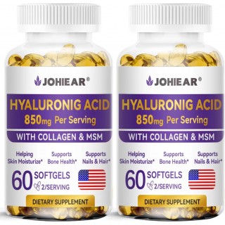 Hyaluronic Acid Supplements, 850mg High Bioavailable Dietary Hyaluronic Acid Capsules, Double Strength Skin Hydration, Joint Lubrication, Eye Health, Hair & Nails Growth Support, 60 Softgels, 2 Pack