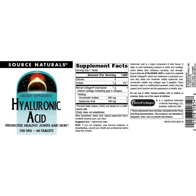 Source Naturals Hyaluronic Acid, Promotes Healthy Joints and Skin*, 100mg - 60 Tablets