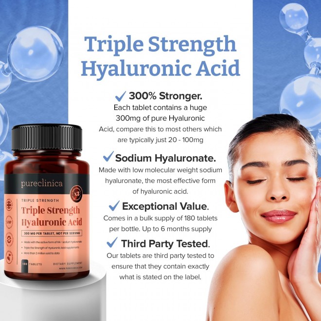 Triple Strength Hyaluronic Acid 300mg x 180 tablets (6 months supply). 300% stronger