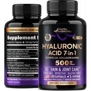 Hyaluronic Acid Supplements 500 mg - Skin & Joint Hydration, Joint Discomfort Relief - 7-in-1 with Collagen, MSM, Boswellia & Vitamins - Hyaluronic Acid Capsules, Pills - Made in USA - 120 Capsules