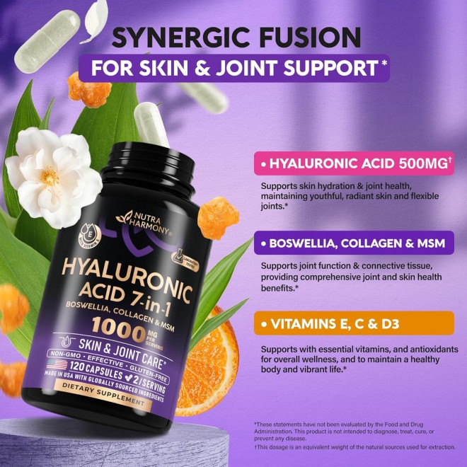 Hyaluronic Acid Supplements 500 mg - Skin & Joint Hydration, Joint Discomfort Relief - 7-in-1 with Collagen, MSM, Boswellia & Vitamins - Hyaluronic Acid Capsules, Pills - Made in USA - 120 Capsules