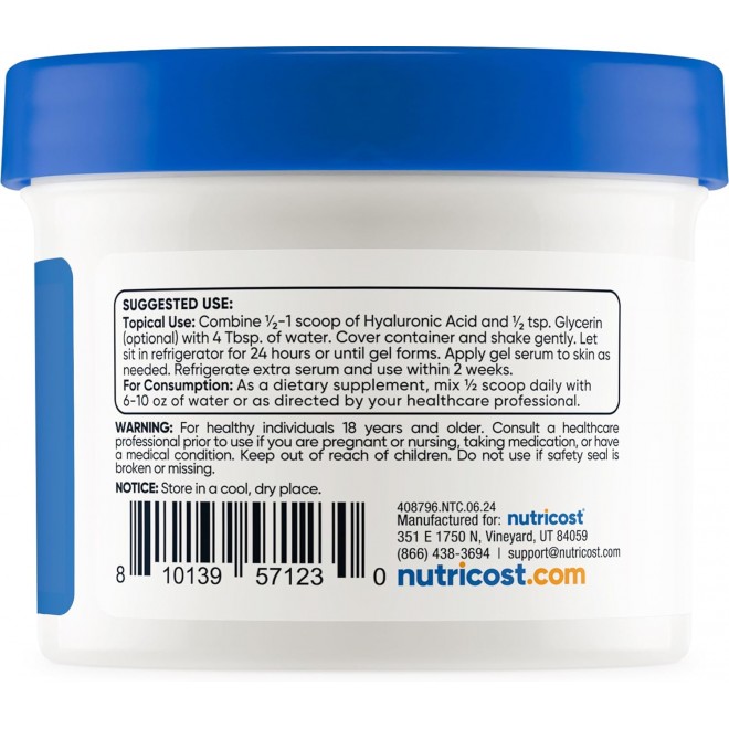 Nutricost Hyaluronic Acid Powder 50 Grams - Water Soluble, Fine Powder, Gluten Free, Non-GMO