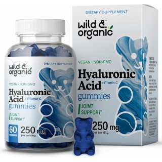 Wild & Organic Hyaluronic Acid Gummies 250mg - Pure Hyaluronic Acid Supplements for Joints - Hair Skin and Nails Gummies with Hyaluronic Acid Powder - 60 Vegan Chews with Vitamin C Hyaluronic Acid