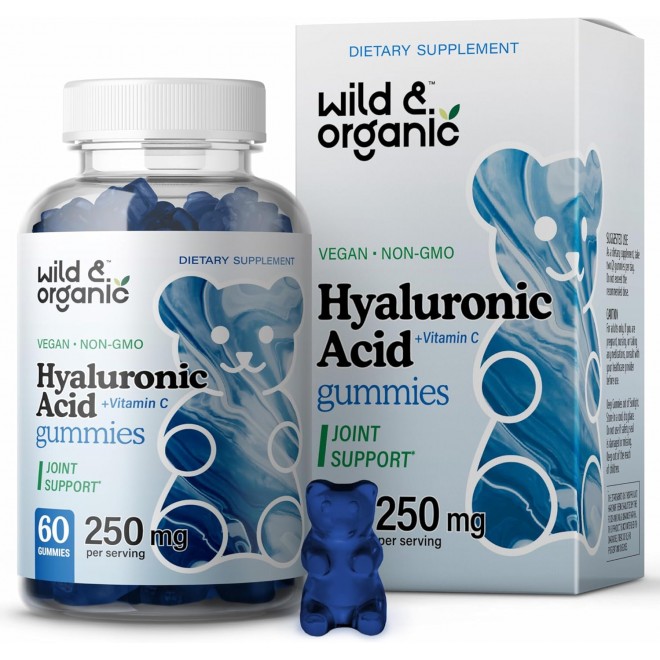 Wild & Organic Hyaluronic Acid Gummies 250mg - Pure Hyaluronic Acid Supplements for Joints - Hair Skin and Nails Gummies with Hyaluronic Acid Powder - 60 Vegan Chews with Vitamin C Hyaluronic Acid