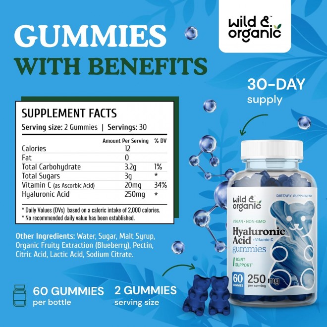 Wild & Organic Hyaluronic Acid Gummies 250mg - Pure Hyaluronic Acid Supplements for Joints - Hair Skin and Nails Gummies with Hyaluronic Acid Powder - 60 Vegan Chews with Vitamin C Hyaluronic Acid