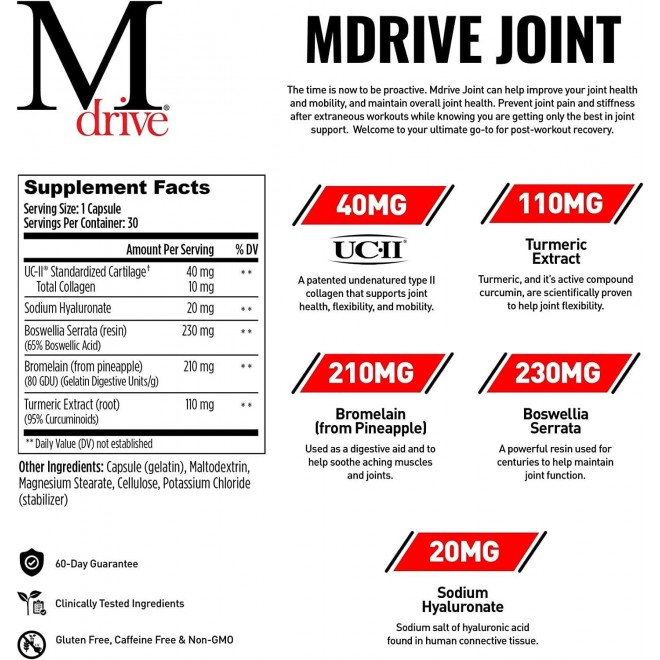 Mdrive Joint Support Supplement for Men - Supports Healthy Joint Function, Flexibility, Comfort & Mobility - Features UC-II Collagen, Turmeric Curcumin & Sodium Hyaluronate from Hyaluronic Acid, 30ct