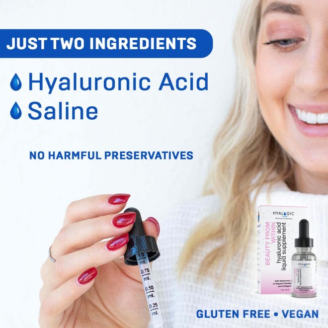 Hyalogic Beauty From Within Hyaluronic Acid Liquid Supplement - Liquid Hyaluronic Acid for Skin Hydration, Joint Support, and Collagen Boost - Vegan, Gluten-Free, Odorless & Tasteless (1 Fl Oz)