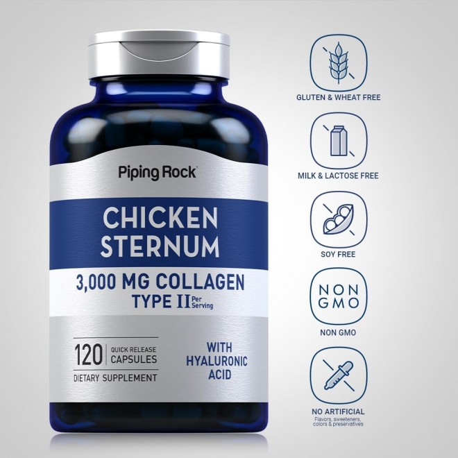 Piping Rock Chicken Sternum Type II Collagen Supplement | 3000mg | 120 Capsules | with Hyaluronic Acid | Non-GMO, Gluten Free