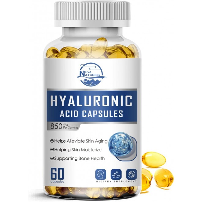 Nature's live Hyaluronic Acid Supplements, 850mg High Bioavailable Dietary Hyaluronic Acid Capsules, Double Strength Skin Hydration, Joint Lubrication, Hair & Nails Support, 60 Capsules, 1Pack