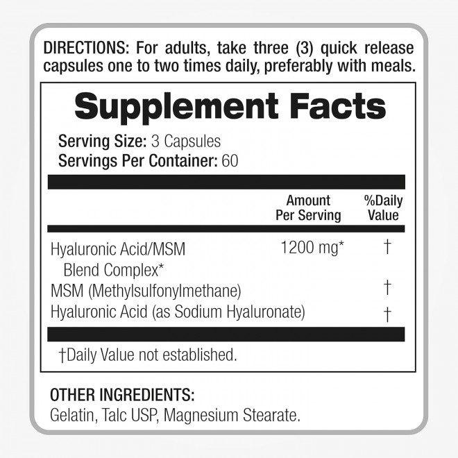 FITO MEDIC'S Lab - Hyaluronic Acid Capsules - with MSM- 1200 mg per Serving, 180 Capsules, Supports Skin Hydration, Joints Lubrication and Antioxidant, Ultra high Absorption.