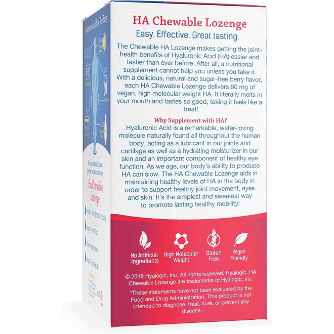 Hyalogic Hyaluronic Acid Chewable Lozenge - Chewable Tablets for Joints, Skin Care & Eyes – Vegan, Sugar-Free and Berry Favored Hyaluronic Acid Supplements (60 Count)