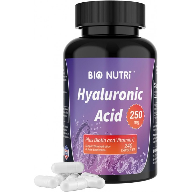 Hyaluronic Acid Capsules 250mg with Vitamin C & Biotin, 240 Capsules Hyaluronic Acid Supplements, Hyaluronic Acid Support Skin Hydration, Hair, Nail and Eye Health, Non-GMO, Gluten Free