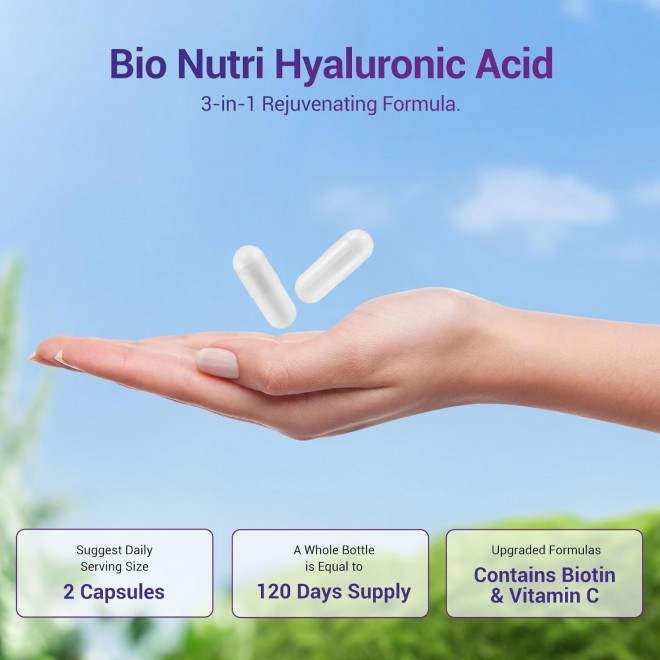 Hyaluronic Acid Capsules 250mg with Vitamin C & Biotin, 240 Capsules Hyaluronic Acid Supplements, Hyaluronic Acid Support Skin Hydration, Hair, Nail and Eye Health, Non-GMO, Gluten Free