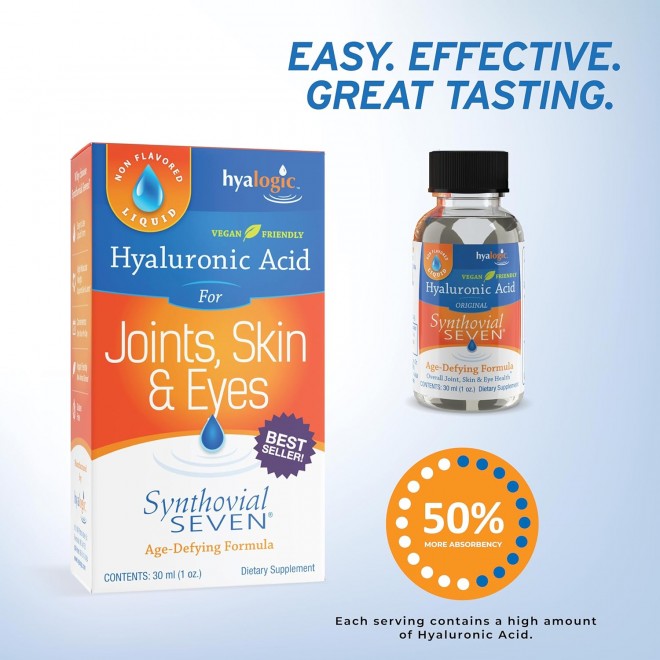 Hyalogic Synthovial Seven - Oral Hyaluronic Acid Supplement 1oz (Pack of 2) - Liquid HA Supports Skin, Joint, Eye, and Lip Hydration - Gluten-Free, Vegan