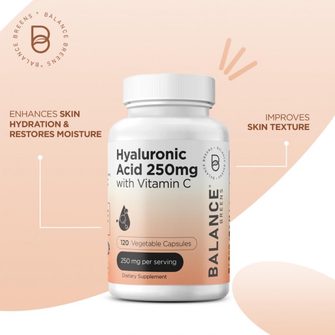 Pure Hyaluronic Acid Supplements 250mg with Vitamin C 50mg - 120 Vegan Capsules - Skin Hydration for Natural Glow - Pure HA Supplement w/Hair, Nails, Bone & Joint Health Formula