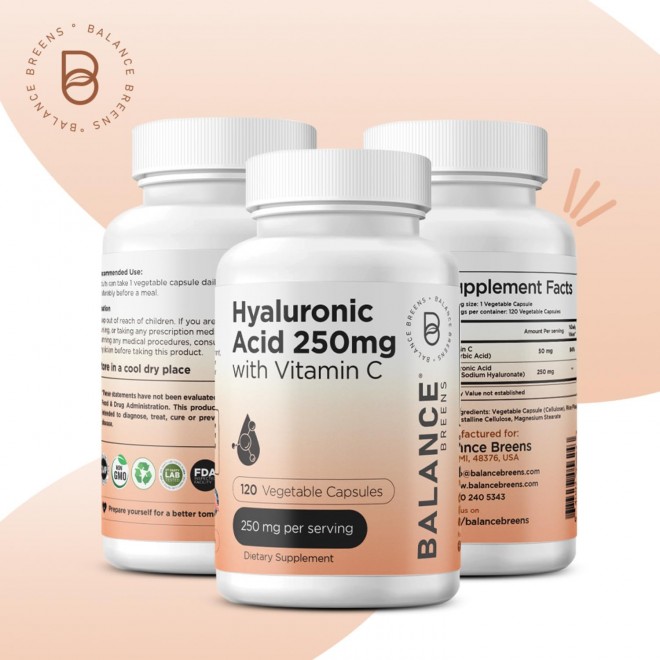 Pure Hyaluronic Acid Supplements 250mg with Vitamin C 50mg - 120 Vegan Capsules - Skin Hydration for Natural Glow - Pure HA Supplement w/Hair, Nails, Bone & Joint Health Formula