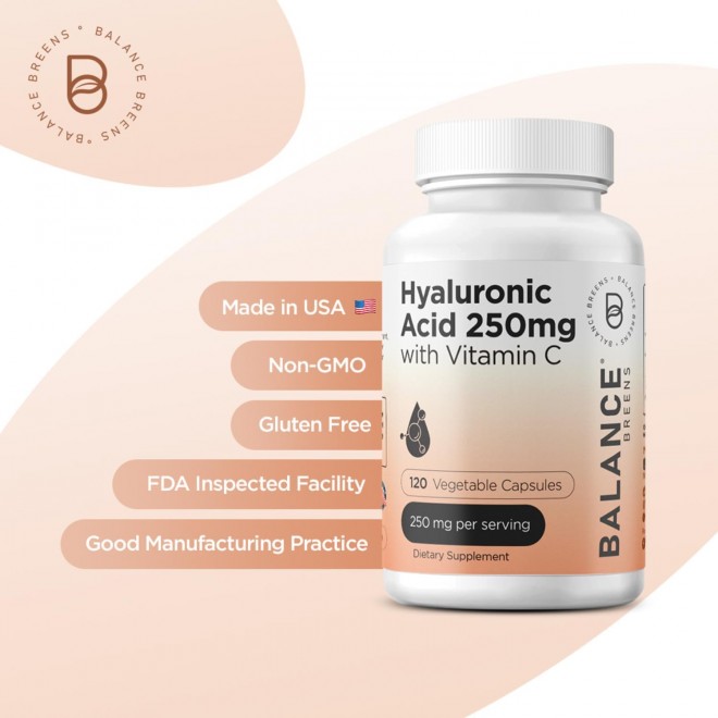 Pure Hyaluronic Acid Supplements 250mg with Vitamin C 50mg - 120 Vegan Capsules - Skin Hydration for Natural Glow - Pure HA Supplement w/Hair, Nails, Bone & Joint Health Formula