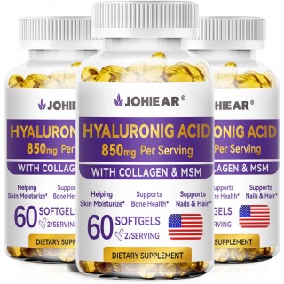 Hyaluronic Acid Supplements, 850mg High Bioavailable Dietary Hyaluronic Acid Capsules, Double Strength Skin Hydration, Joint Lubrication, Eye Health, Hair & Nails Growth Support, 60 Softgels, 3 Pack