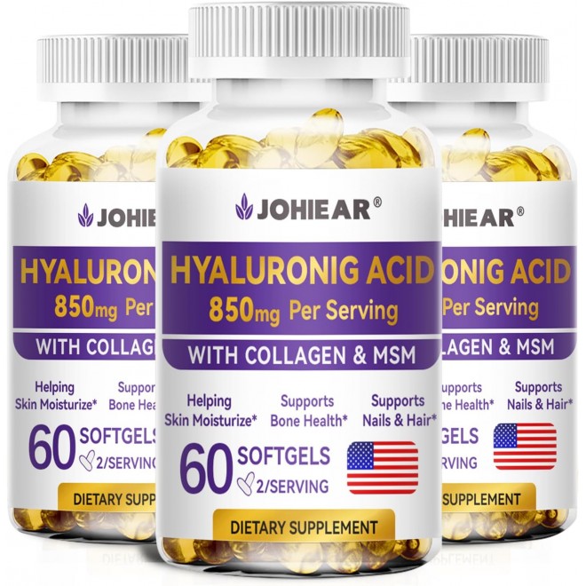 Hyaluronic Acid Supplements, 850mg High Bioavailable Dietary Hyaluronic Acid Capsules, Double Strength Skin Hydration, Joint Lubrication, Eye Health, Hair & Nails Growth Support, 60 Softgels, 3 Pack