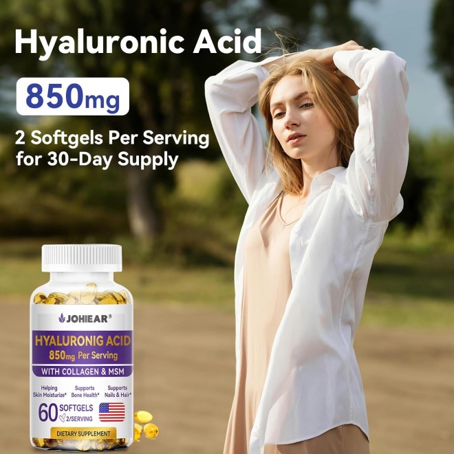 Hyaluronic Acid Supplements, 850mg High Bioavailable Dietary Hyaluronic Acid Capsules, Double Strength Skin Hydration, Joint Lubrication, Eye Health, Hair & Nails Growth Support, 60 Softgels, 3 Pack