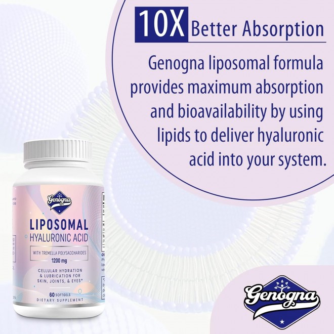 Liposomal Hyaluronic Acid Supplements 1000mg-High Bioavailable Dietary Hyaluronic Acid Capsules with Tremella Polysaccharides,Double Strength Skin Hydration,Joint Lubrication,1Pack