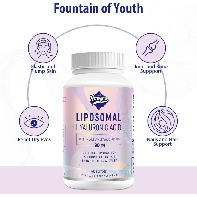 Liposomal Hyaluronic Acid Supplements 1000mg-High Bioavailable Dietary Hyaluronic Acid Capsules with Tremella Polysaccharides,Double Strength Skin Hydration,Joint Lubrication,1Pack