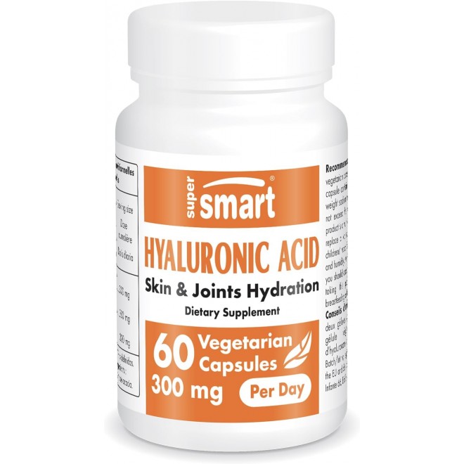 Supersmart - Hyaluronic Acid Supplement 300mg per Day (Sodium Hyaluronate) - High Molecular Weight 1.2 Million Daltons | Non-GMO & Gluten Free - 60 Vegetarian Capsules