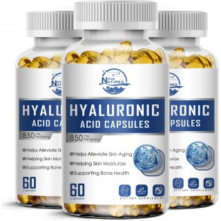 Hyaluronic Acid Supplements, 850mg High Bioavailable Dietary Hyaluronic Acid Capsules, Double Strength Skin Hydration, Joint Lubrication, 60 Capsules (Pack of 3)