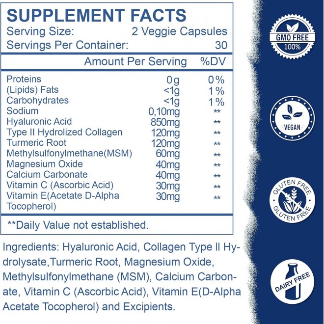 Hyaluronic Acid Supplements, 850mg High Bioavailable Dietary Hyaluronic Acid Capsules, Double Strength Skin Hydration, Joint Lubrication, 60 Capsules (Pack of 3)