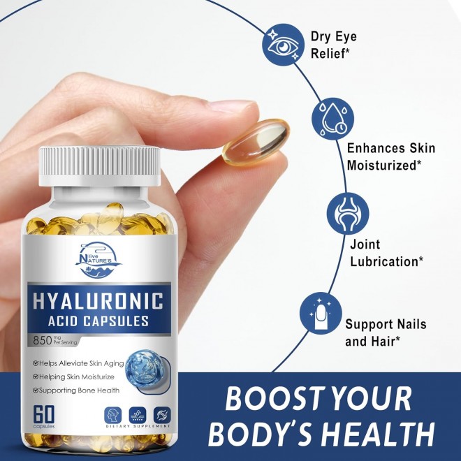 Hyaluronic Acid Supplements, 850mg High Bioavailable Dietary Hyaluronic Acid Capsules, Double Strength Skin Hydration, Joint Lubrication, 60 Capsules (Pack of 3)