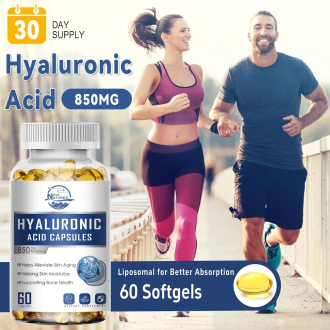 Hyaluronic Acid Supplements, 850mg High Bioavailable Dietary Hyaluronic Acid Capsules, Double Strength Skin Hydration, Joint Lubrication, 60 Capsules (Pack of 3)